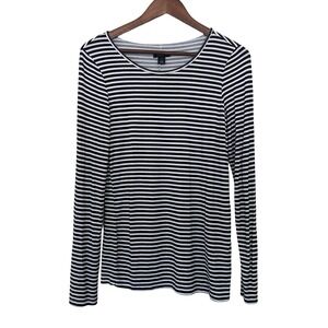 Halogen Women Long Sleeve Top M Black White Striped Crew Neck Viscose Stretch